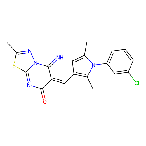 (E)-6-((1-(3-chlorophenyl)-2,5-dimethyl-1H-pyrrol-3-yl)methylene)-5-imino-2-methyl-5H-[1,3,4]thiadiazolo[3,2-a]pyrimidin-7(6H)-one structure