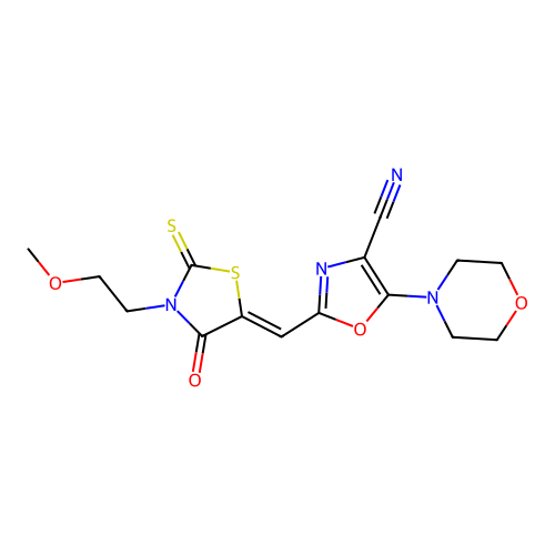 (Z)-2-((3-(2-methoxyethyl)-4-oxo-2-thioxothiazolidin-5-ylidene)methyl)-5-morpholinooxazole-4-carbonitrile structure