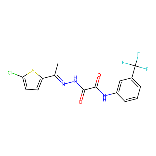 (E)-2-(2-(1-(5-chlorothiophen-2-yl)ethylidene)hydrazinyl)-2-oxo-N-(3-(trifluoromethyl)phenyl)acetamide structure