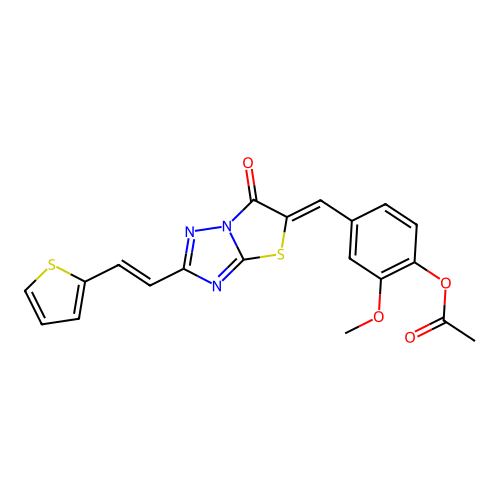 2-methoxy-4-[(Z)-{6-oxo-2-[(E)-2-(thiophen-2-yl)ethenyl][1,3]thiazolo[3,2-b][1,2,4]triazol-5(6H)-ylidene}methyl]phenyl acetate structure