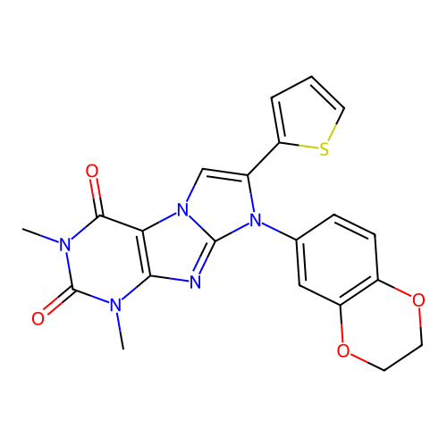 8-(2,3-dihydro-1,4-benzodioxin-6-yl)-1,3-dimethyl-7-(thiophen-2-yl)-1H-imidazo[2,1-f]purine-2,4(3H,8H)-dione structure