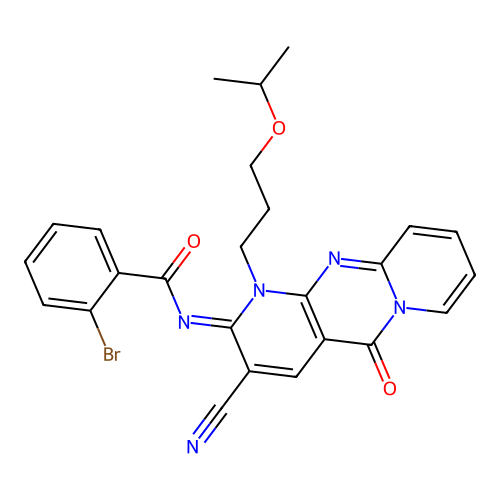 (E)-2-bromo-N-(3-cyano-1-(3-isopropoxypropyl)-5-oxo-1H-dipyrido[1,2-a:2',3'-d]pyrimidin-2(5H)-ylidene)benzamide structure