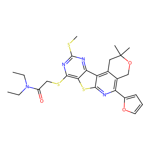 N,N-diethyl-2-((5-(furan-2-yl)-2,2-dimethyl-10-(methylthio)-2,4-dihydro-1H-pyrano[4'',3'':4',5']pyrido[3',2':4,5]thieno[3,2-d]pyrimidin-8-yl)thio)acetamide structure