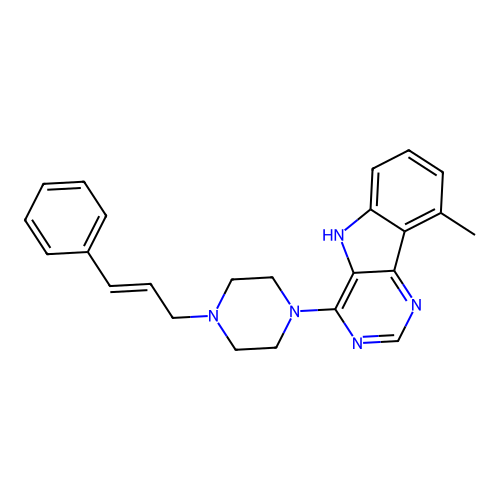 (E)-4-(4-cinnamylpiperazin-1-yl)-9-methyl-5H-pyrimido[5,4-b]indole structure