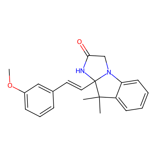 (E)-9a-(3-methoxystyryl)-9,9-dimethyl-9,9a-dihydro-1H-imidazo[1,2-a]indol-2(3H)-one structure