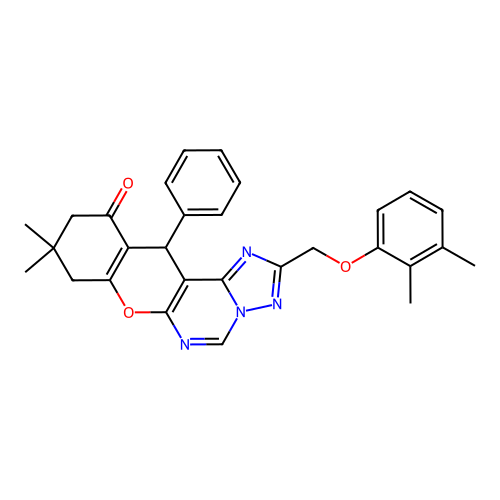 2-[(2,3-dimethylphenoxy)methyl]-9,9-dimethyl-12-phenyl-8,9,10,12-tetrahydro-11H-chromeno[3,2-e][1,2,4]triazolo[1,5-c]pyrimidin-11-one structure