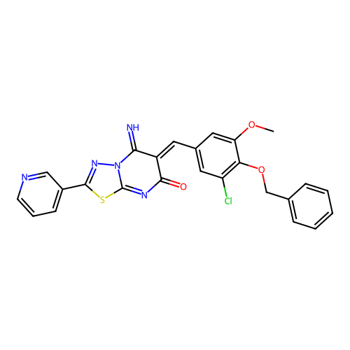 (6Z)-6-[(3-chloro-5-methoxy-4-phenylmethoxyphenyl)methylidene]-5-imino-2-pyridin-3-yl-[1,3,4]thiadiazolo[3,2-a]pyrimidin-7-one structure