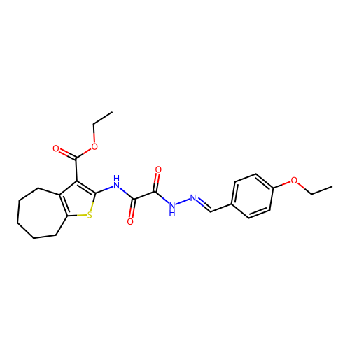 (E)-ethyl 2-(2-(2-(4-ethoxybenzylidene)hydrazinyl)-2-oxoacetamido)-5,6,7,8-tetrahydro-4H-cyclohepta[b]thiophene-3-carboxylate structure