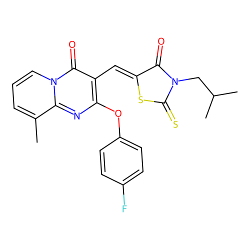 2-(4-fluorophenoxy)-9-methyl-3-{(Z)-[3-(2-methylpropyl)-4-oxo-2-thioxo-1,3-thiazolidin-5-ylidene]methyl}-4H-pyrido[1,2-a]pyrimidin-4-one structure