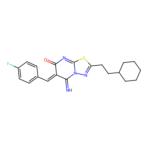 (Z)-2-(2-cyclohexylethyl)-6-(4-fluorobenzylidene)-5-imino-5H-[1,3,4]thiadiazolo[3,2-a]pyrimidin-7(6H)-one structure