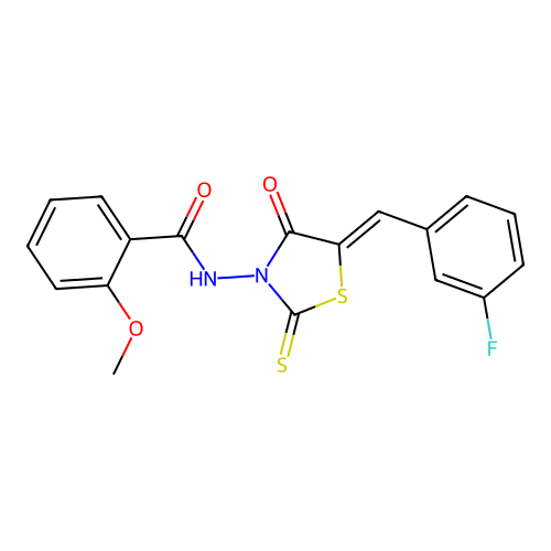 (Z)-N-(5-(3-fluorobenzylidene)-4-oxo-2-thioxothiazolidin-3-yl)-2-methoxybenzamide structure