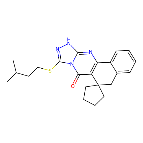 9-(isopentylthio)-5H-spiro[benzo[h][1,2,4]triazolo[3,4-b]quinazoline-6,1'-cyclopentan]-7(12H)-one structure