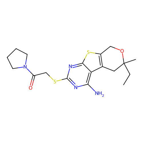 2-((4-amino-6-ethyl-6-methyl-6,8-dihydro-5H-pyrano[4',3':4,5]thieno[2,3-d]pyrimidin-2-yl)thio)-1-(pyrrolidin-1-yl)ethanone structure