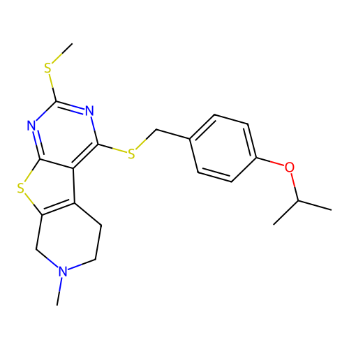 4-((4-isopropoxybenzyl)thio)-7-methyl-2-(methylthio)-5,6,7,8-tetrahydropyrido[4',3':4,5]thieno[2,3-d]pyrimidine structure