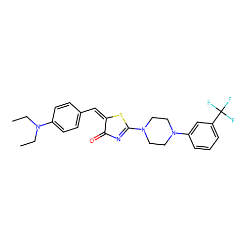 (5E)-5-[[4-(diethylamino)phenyl]methylidene]-2-[4-[3-(trifluoromethyl)phenyl]piperazin-1-yl]-1,3-thiazol-4-one structure