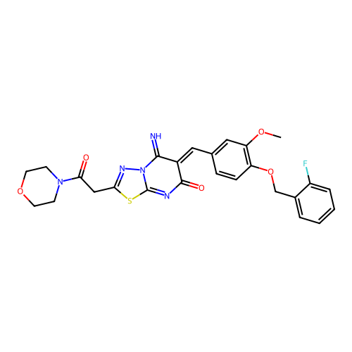 (6Z)-6-[[4-[(2-fluorophenyl)methoxy]-3-methoxyphenyl]methylidene]-5-imino-2-(2-morpholin-4-yl-2-oxoethyl)-[1,3,4]thiadiazolo[3,2-a]pyrimidin-7-one structure