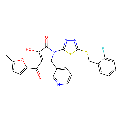 (4E)-1-{5-[(2-fluorobenzyl)sulfanyl]-1,3,4-thiadiazol-2-yl}-4-[hydroxy(5-methylfuran-2-yl)methylidene]-5-(pyridin-3-yl)pyrrolidine-2,3-dione structure