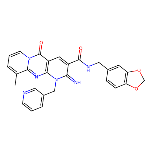 N-(1,3-benzodioxol-5-ylmethyl)-2-imino-10-methyl-5-oxo-1-(pyridin-3-ylmethyl)-1,5-dihydro-2H-dipyrido[1,2-a:2',3'-d]pyrimidine-3-carboxamide structure