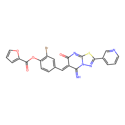 (Z)-2-bromo-4-((5-imino-7-oxo-2-(pyridin-3-yl)-5H-[1,3,4]thiadiazolo[3,2-a]pyrimidin-6(7H)-ylidene)methyl)phenyl furan-2-carboxylate structure