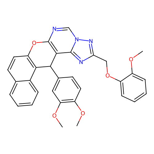 14-(3,4-dimethoxyphenyl)-2-[(2-methoxyphenoxy)methyl]-14H-benzo[5,6]chromeno[3,2-e][1,2,4]triazolo[1,5-c]pyrimidine structure