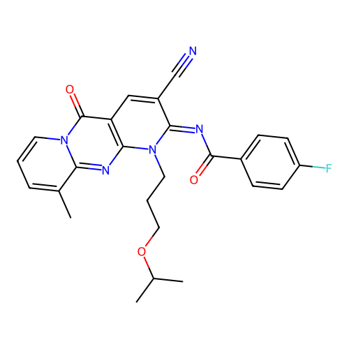 (E)-N-(3-cyano-1-(3-isopropoxypropyl)-10-methyl-5-oxo-1H-dipyrido[1,2-a:2',3'-d]pyrimidin-2(5H)-ylidene)-4-fluorobenzamide structure
