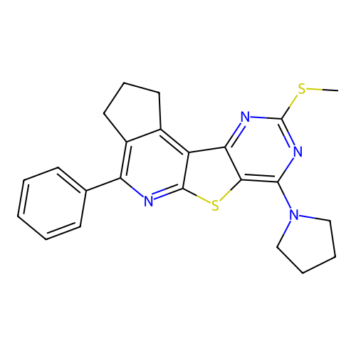 9-(methylsulfanyl)-4-phenyl-7-(pyrrolidin-1-yl)-2,3-dihydro-1H-cyclopenta[4',5']pyrido[3',2':4,5]thieno[3,2-d]pyrimidine structure