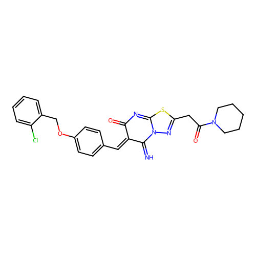(6Z)-6-[[4-[(2-chlorophenyl)methoxy]phenyl]methylidene]-5-imino-2-(2-oxo-2-piperidin-1-ylethyl)-[1,3,4]thiadiazolo[3,2-a]pyrimidin-7-one structure