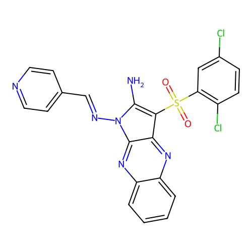 (E)-3-((2,5-dichlorophenyl)sulfonyl)-N1-(pyridin-4-ylmethylene)-1H-pyrrolo[2,3-b]quinoxaline-1,2-diamine structure