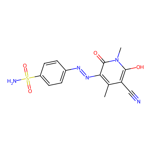 4-[2-(5-cyano-1,4-dimethyl-2,6-dioxopyridin-3-ylidene)hydrazinyl]benzenesulfonamide structure