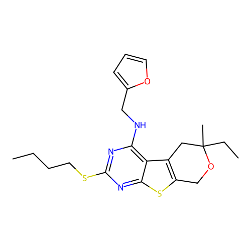 2-(butylsulfanyl)-6-ethyl-N-(furan-2-ylmethyl)-6-methyl-5,8-dihydro-6H-pyrano[4',3':4,5]thieno[2,3-d]pyrimidin-4-amine structure