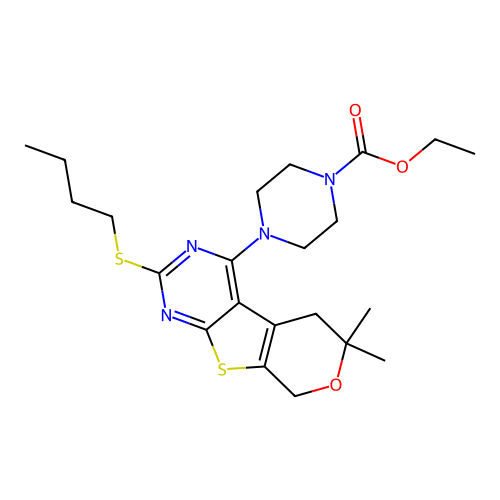 ethyl 4-(2-(butylthio)-6,6-dimethyl-6,8-dihydro-5H-pyrano[4',3':4,5]thieno[2,3-d]pyrimidin-4-yl)piperazine-1-carboxylate structure