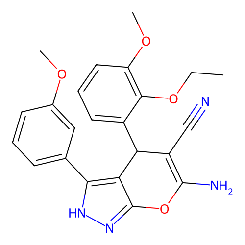 6-amino-4-(2-ethoxy-3-methoxyphenyl)-3-(3-methoxyphenyl)-2,4-dihydropyrano[2,3-c]pyrazole-5-carbonitrile structure
