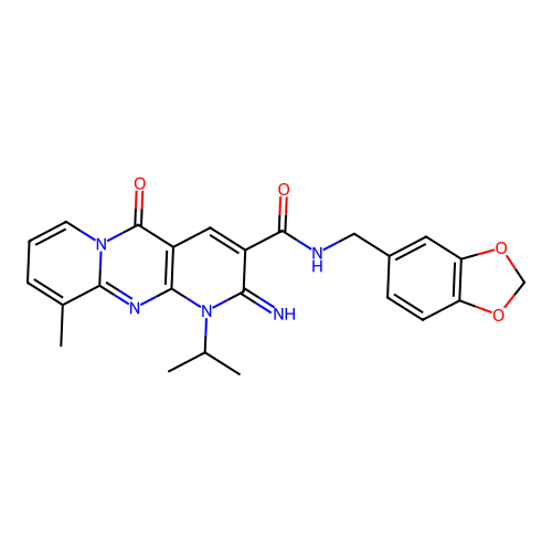 N~3~-(1,3-benzodioxol-5-ylmethyl)-2-imino-1-isopropyl-10-methyl-5-oxo-1,5-dihydro-2H-dipyrido[1,2-a:2,3-d]pyrimidine-3-carboxamide structure