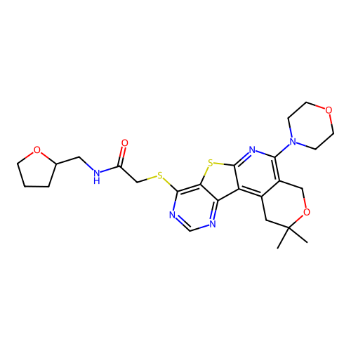 2-((2,2-dimethyl-5-morpholino-2,4-dihydro-1H-pyrano[4'',3'':4',5']pyrido[3',2':4,5]thieno[3,2-d]pyrimidin-8-yl)thio)-N-((tetrahydrofuran-2-yl)methyl)acetamide structure