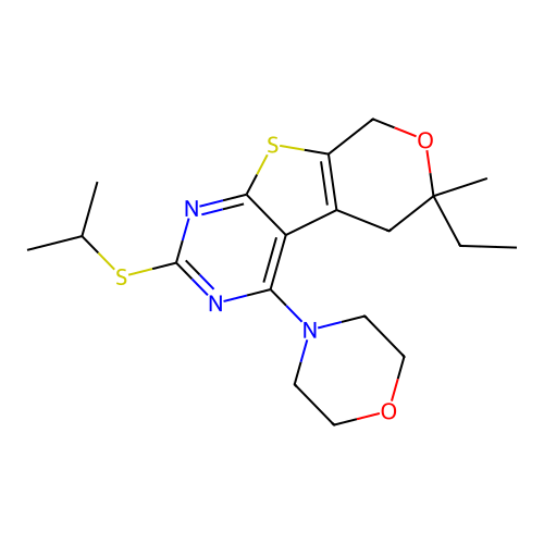 6-ethyl-2-(isopropylthio)-6-methyl-4-morpholino-6,8-dihydro-5H-pyrano[4',3':4,5]thieno[2,3-d]pyrimidine structure