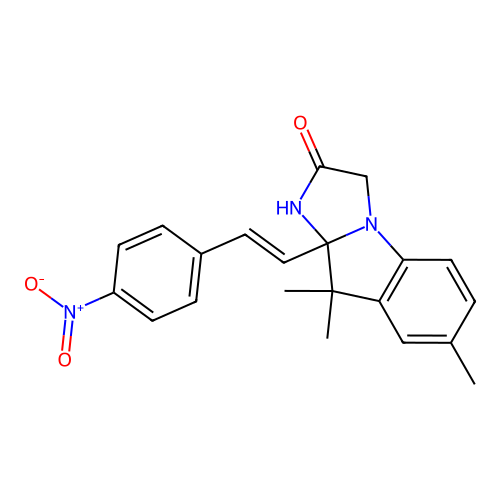 (E)-7,9,9-trimethyl-9a-(4-nitrostyryl)-9,9a-dihydro-1H-imidazo[1,2-a]indol-2(3H)-one structure