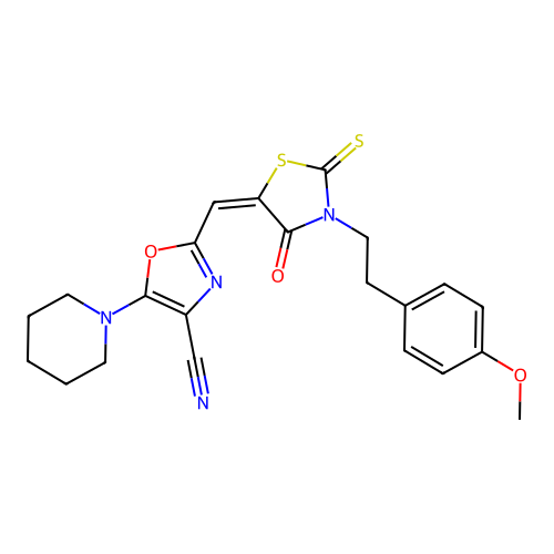 (E)-2-((3-(4-methoxyphenethyl)-4-oxo-2-thioxothiazolidin-5-ylidene)methyl)-5-(piperidin-1-yl)oxazole-4-carbonitrile structure