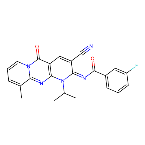 (E)-N-(3-cyano-1-isopropyl-10-methyl-5-oxo-1H-dipyrido[1,2-a:2',3'-d]pyrimidin-2(5H)-ylidene)-3-fluorobenzamide structure