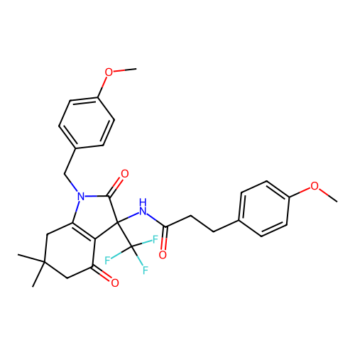 3-(4-methoxyphenyl)-N-[1-[(4-methoxyphenyl)methyl]-6,6-dimethyl-2,4-dioxo-3-(trifluoromethyl)-5,7-dihydroindol-3-yl]propanamide structure