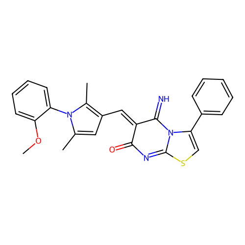 (6Z)-5-imino-6-[[1-(2-methoxyphenyl)-2,5-dimethylpyrrol-3-yl]methylidene]-3-phenyl-[1,3]thiazolo[3,2-a]pyrimidin-7-one structure