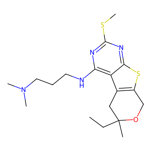 N'-[6-ethyl-6-methyl-2-(methylsulfanyl)-5,8-dihydro-6H-pyrano[4',3':4,5]thieno[2,3-d]pyrimidin-4-yl]-N,N-dimethylpropane-1,3-diamine structure