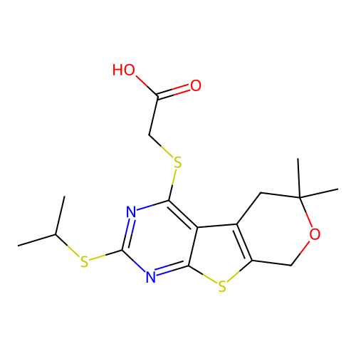(2-Isopropylsulfanyl-6,6-dimethyl-5,8-dihydro-6H-pyrano[4',3':4,5]thieno[2,3-d]pyrimidin-4-ylsulfanyl)-ac etic acid structure