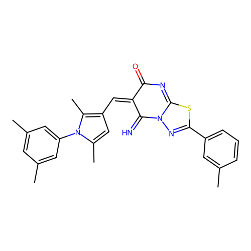 (6E)-6-[[1-(3,5-dimethylphenyl)-2,5-dimethylpyrrol-3-yl]methylidene]-5-imino-2-(3-methylphenyl)-[1,3,4]thiadiazolo[3,2-a]pyrimidin-7-one structure