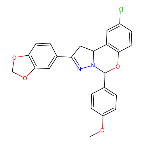 2-(1,3-benzodioxol-5-yl)-9-chloro-5-(4-methoxyphenyl)-1,10b-dihydropyrazolo[1,5-c][1,3]benzoxazine structure