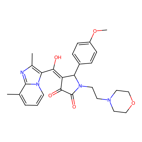 (4E)-4-[(2,8-dimethylimidazo[1,2-a]pyridin-3-yl)-hydroxymethylidene]-5-(4-methoxyphenyl)-1-(2-morpholin-4-ylethyl)pyrrolidine-2,3-dione structure