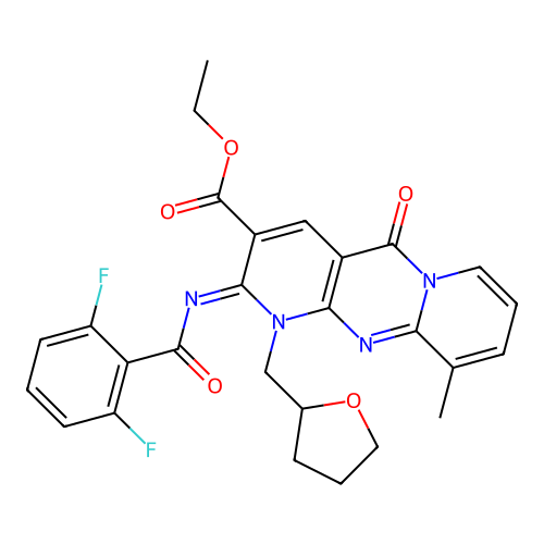 (Z)-ethyl 2-((2,6-difluorobenzoyl)imino)-10-methyl-5-oxo-1-((tetrahydrofuran-2-yl)methyl)-2,5-dihydro-1H-dipyrido[1,2-a:2',3'-d]pyrimidine-3-carboxylate structure