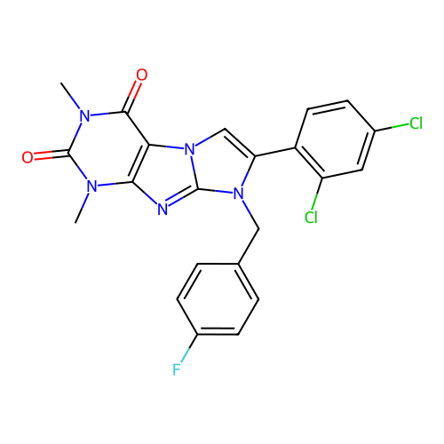 7-(2,4-dichlorophenyl)-8-(4-fluorobenzyl)-1,3-dimethyl-1H-imidazo[2,1-f]purine-2,4(3H,8H)-dione structure