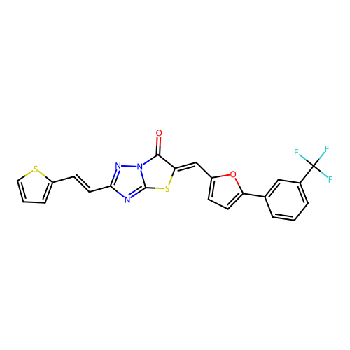 (5Z)-2-[(E)-2-thiophen-2-ylethenyl]-5-[[5-[3-(trifluoromethyl)phenyl]furan-2-yl]methylidene]-[1,3]thiazolo[3,2-b][1,2,4]triazol-6-one structure