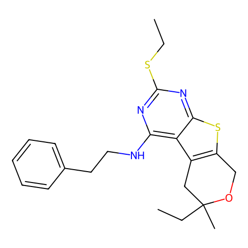 6-ethyl-2-(ethylsulfanyl)-6-methyl-N-(2-phenylethyl)-5,8-dihydro-6H-pyrano[4',3':4,5]thieno[2,3-d]pyrimidin-4-amine structure
