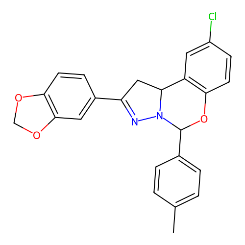 2-(1,3-benzodioxol-5-yl)-9-chloro-5-(4-methylphenyl)-1,10b-dihydropyrazolo[1,5-c][1,3]benzoxazine structure